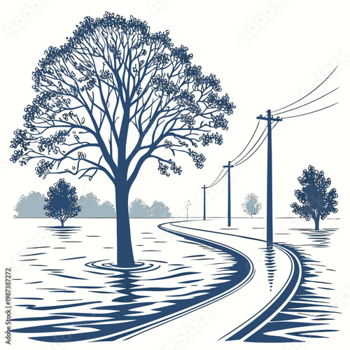 A stylized illustration depicts a flooded landscape with a prominent tree and curving road hinting at environmental impact high quality professional detailed