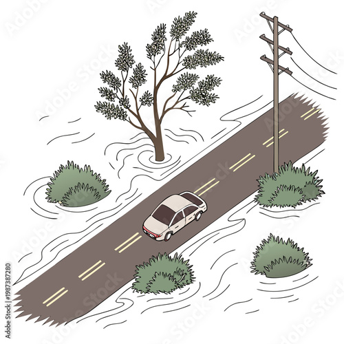 A stylized illustration depicts a flooded roadway with a vehicle stranded showcasing the impact of rising water levels and storm damage