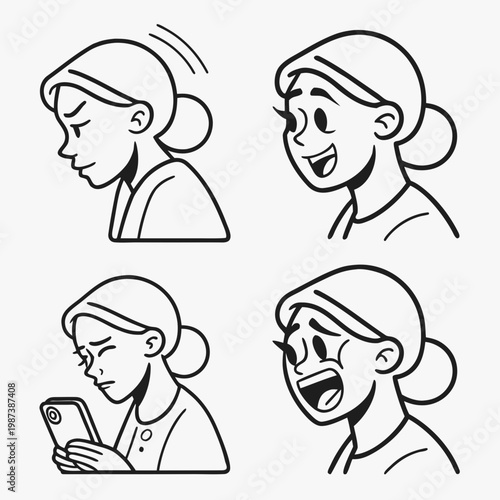 This black and white illustration depicts four different emotional expressions of a woman with a bun hairstyle showcasing varied feelings high quality