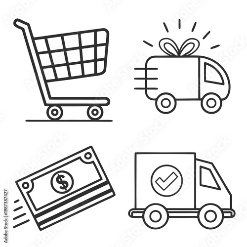 A collection of linear icons showcasing shopping cart delivery truck with gift money and successful delivery symbols high quality professional detailed modern