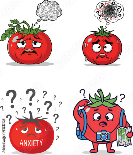 Sad tomato character expressing various emotions of worry, stress, and anxiety.