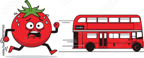 Stressed red tomato character running after red london double decker bus vector.