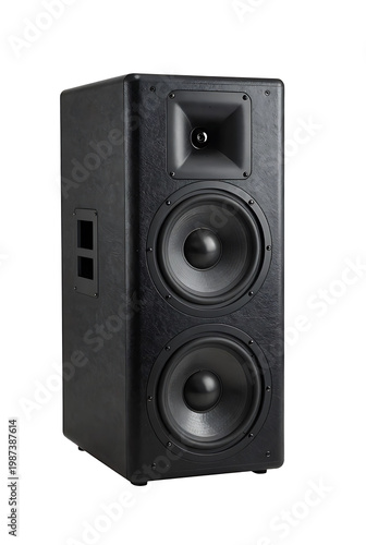 Black stereo loudspeaker system with a powerful bass woofer isolated on a white studio background for high-volume audio and music entertainment technology