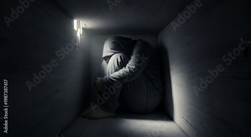 a person curled up inside a small dark space