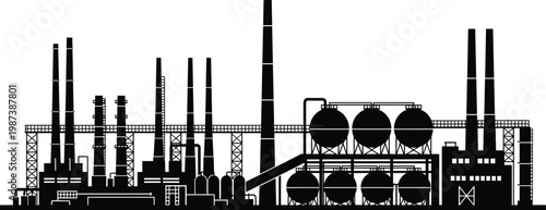 Industrial factory skyline vector illustration, oil refinery and petrochemical plant silhouette, power production facility, heavy industry infrastructure, manufacturing 