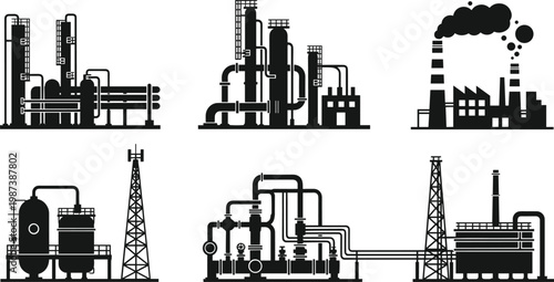 Industrial factory refinery vector illustration set, oil gas plant, petrochemical industry infrastructure, power plant silhouettes, manufacturing facilities icons, energy production concept design