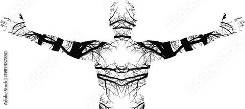Abstract Human Silhouette Vector with Internal Tree Branch Texture and Outstretched Arms Representing Nature Connection, Environmental Growth, Organic Life, and Spiritual Vitality