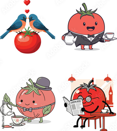 Charming tomato character enjoying tea time and showing affection.
