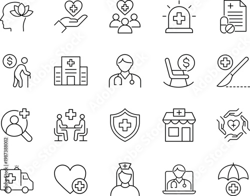 medical and healthcare icons line art, hospital, doctor, ambulance, heart, shield, stethoscope, nurse