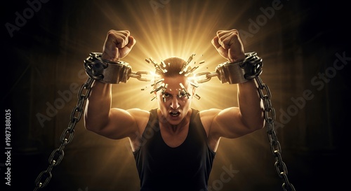 a person breaking chains with light bursting out