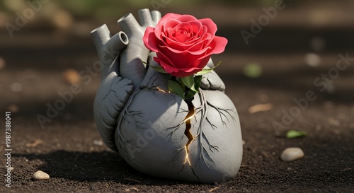 a flower blooming from a cracked heart