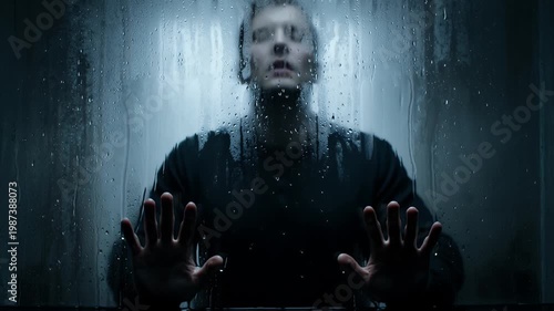 Man behind wet glass with hands pressed against the surface