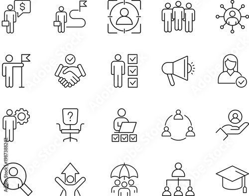 Business human resources management recruitment career icons, handshake, megaphone, laptop, umbrella, graduation cap, target, chart, chair