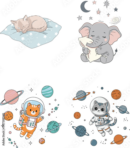 Cute cartoon animals cat elephant sleeping in space and cosmos exploration.