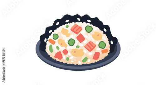 Flat vector illustration of a plate of delicious fried rice with peas, carrots, and scrambled eggs, isolated on a white background.