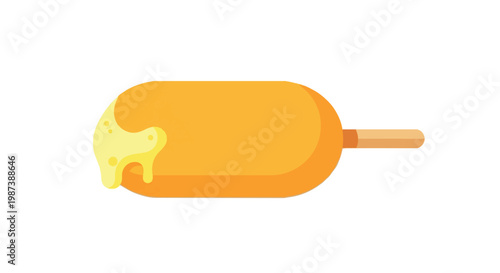 Minimalist flat vector illustration of a corn dog on a wooden stick with yellow mustard drizzle isolated on a plain white background.