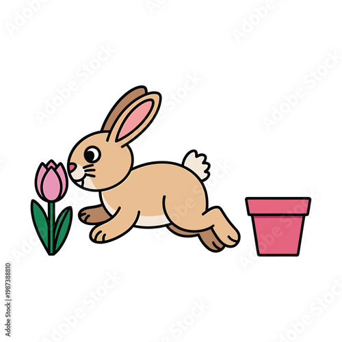 A charming illustration depicts a brown bunny approaching pink tulips and a flowerpot