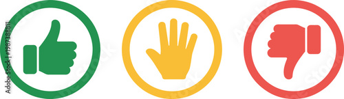 Like dislike neutral thumb icon set, flat outline vector illustration in green yellow and red representing user feedback rating system approval disapproval and neutral response concept.