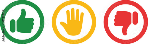 Like dislike neutral thumb icon set, minimal flat vector icons in green yellow and red for user feedback rating system approval disapproval and neutral evaluation concept.