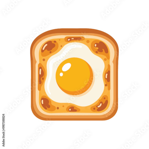 Minimalist flat vector illustration of a fried egg on toasted square bread, featuring a bright yellow yolk and white albumen, isolated on a white background for food icon design.