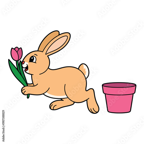 A charming cartoon rabbit happily carries colorful tulips in front of flowerpots