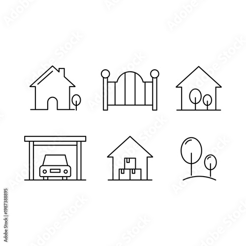 Minimal House Exterior Line Icon Set with Home, Garage, Gate and Moving Boxes