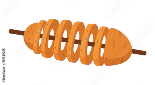 Tornado potato on a wooden skewer vector illustration. Crispy golden spiral fried potato snack, street food delicacy isolated on a white background for menu or web design.