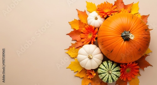 Autumn harvest celebration with pumpkins gourds and colorful fall foliage and flowers arranged composition