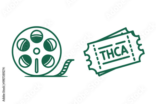 A green illustration depicting a film reel alongside stacked movie tickets