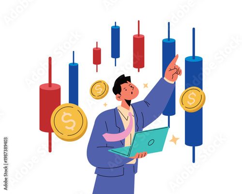 Young trader managing stock investments on laptop with rising chart