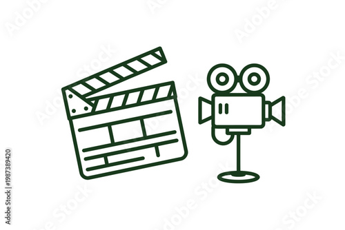 A green line art depiction of a film clapperboard and vintage movie camera