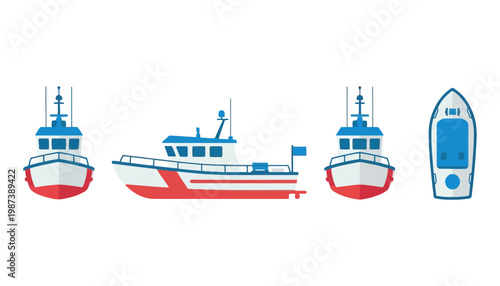 Boat vector illustration set with different types of vessels