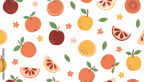 A colorful illustration of fruit and flowers on a white background