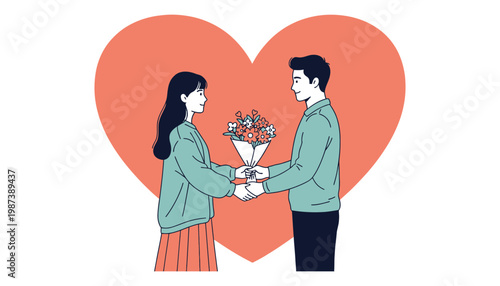 A loving couple exchanging flowers in front of a heart background