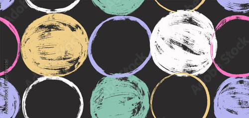 Foto Seamless colored chalk drawn sketch pattern with asymmetric colorful polka dots on chalkboard backdrop