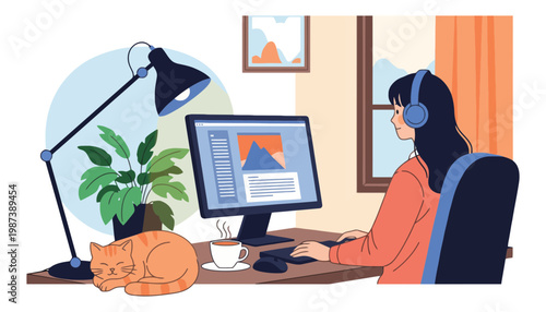 A woman wearing headphones works on her computer at home with a cat