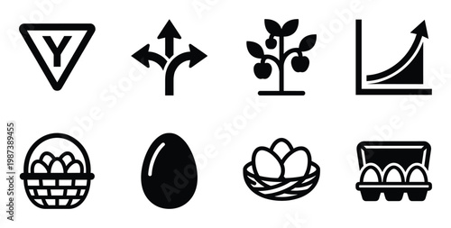 Agriculture and food production icons with eggs, yield sign, growth chart, and fruit tree