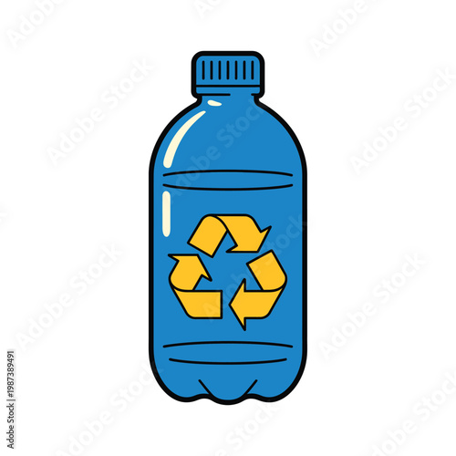 A cartoon illustration depicts a blue plastic bottle with a recycling symbol on it