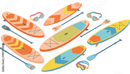Paddleboard vector illustration set with colorful boards and accessories