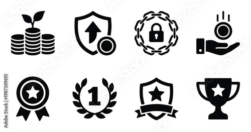 Award and achievement symbols, success and victory icons, winning trophy, first place medal, shield, locked chain, investment growth