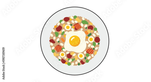 Flat illustration of a plate of Asian fried rice topped with a sunny-side-up egg and various vegetables, isolated on a white background.
