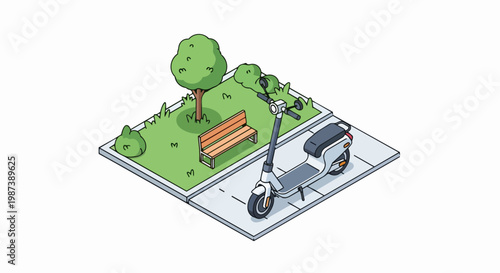 Modern Isometric Electric Scooter Parked on Urban Sidewalk by Small Green Park with Tree and Bench Illustration