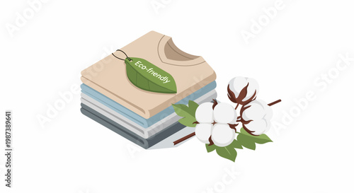 Eco-friendly Sustainable Fashion Concept with Folded Organic Cotton Clothes and Raw Cotton Plant Isometric Illustration