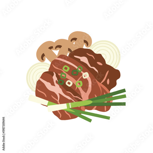 Minimalist flat vector illustration of cooked sliced beef steak garnished with mushrooms, onion rings, and fresh scallions isolated on a white background.