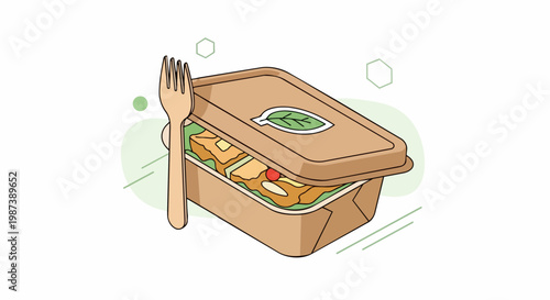 Eco-Friendly Food Packaging Illustration of a Sustainable Kraft Paper Takeout Box with Wooden Fork and Healthy Meal Concept