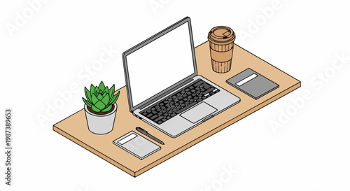 Isometric Workspace Illustration with Laptop Mockup, Potted Plant, and Coffee Cup