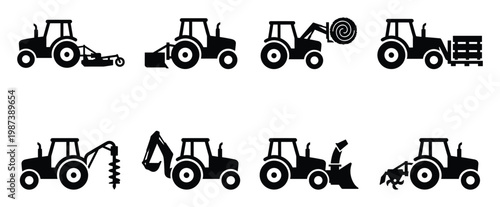 Assortment of tractor and agricultural machinery icons on transparent background
