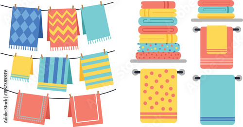 Colorful Hanging and Folded Towel Collection Illustration with Patterned Bath Towels on Clothesline and Rack for Laundry, Bathroom, and Textile Design