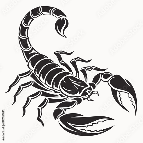 A striking black and white illustration depicts a detailed scorpion with a curved tail and prominent claws showcasing its predatory form