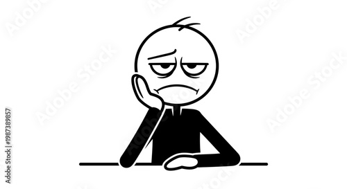A bored cartoon character sitting at a desk looking uninterested.